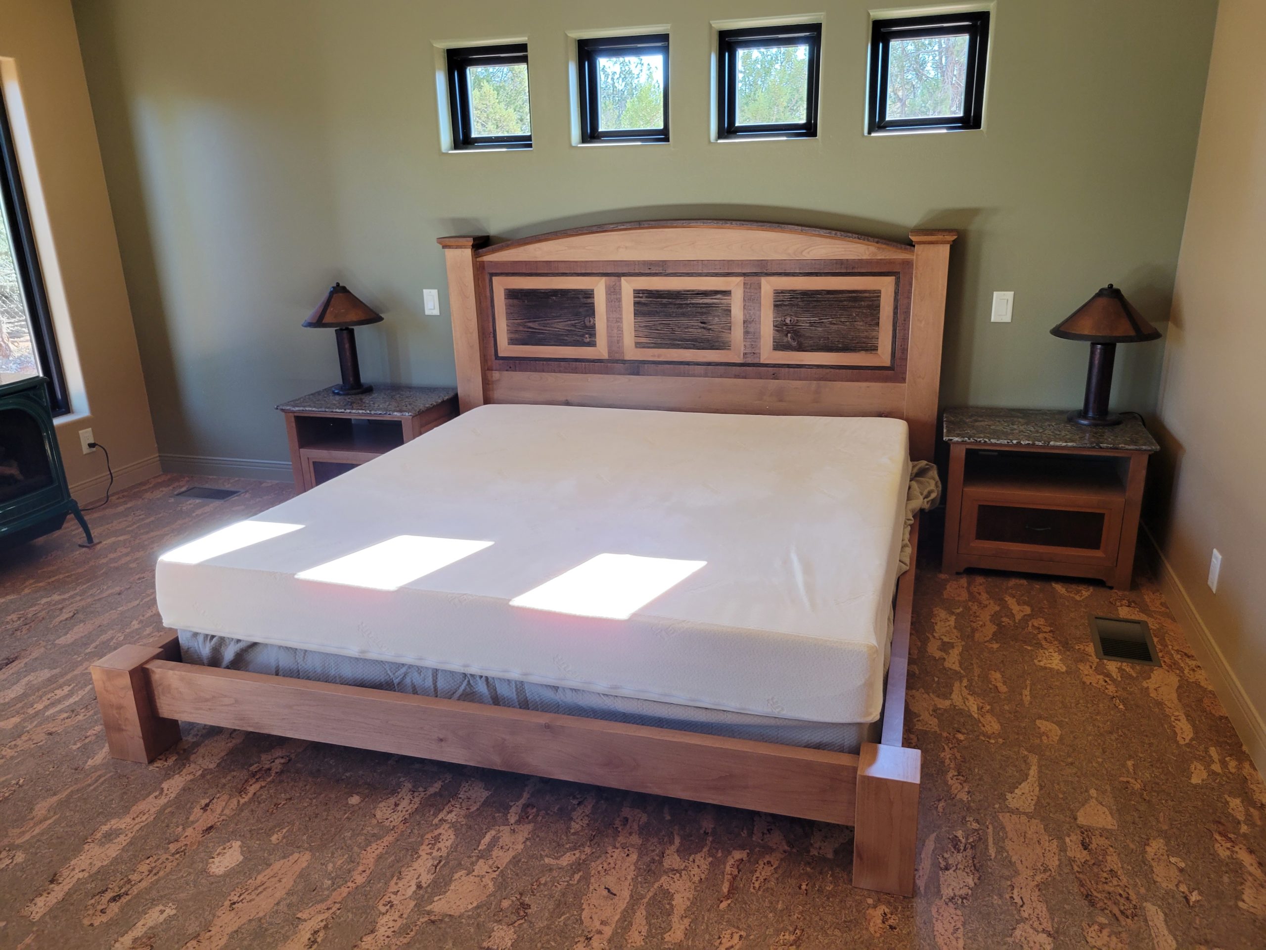 Meoz bedroom set -- the completed bed with headboard and two nightstands